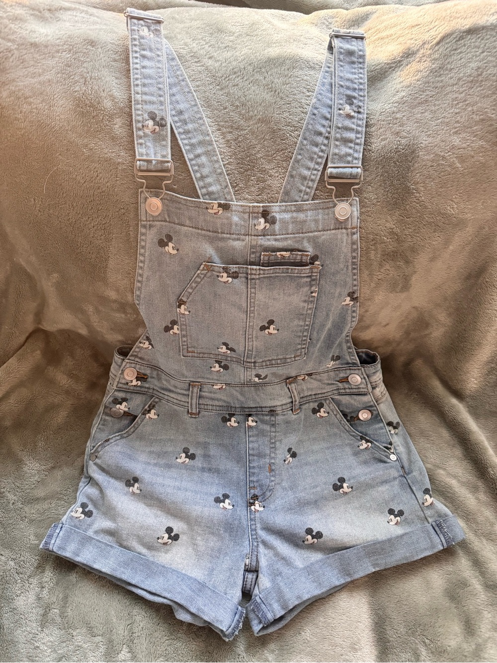 Women’s  Denim Mickey Print Short Overalls - Light Blue
